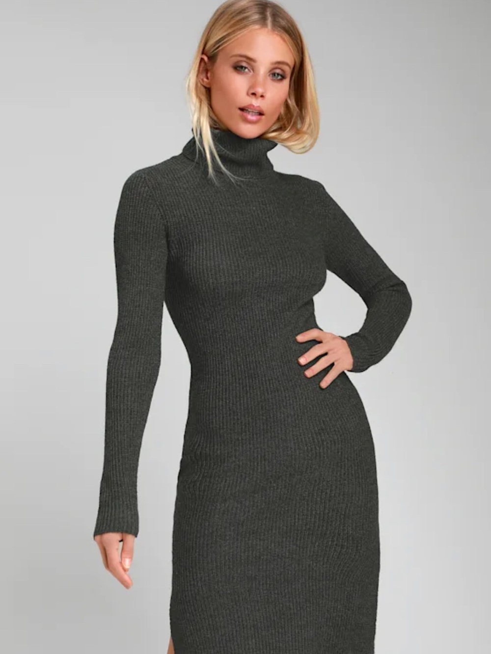 Sheerah Charcoal Grey Turtleneck Midi Sweater Dress